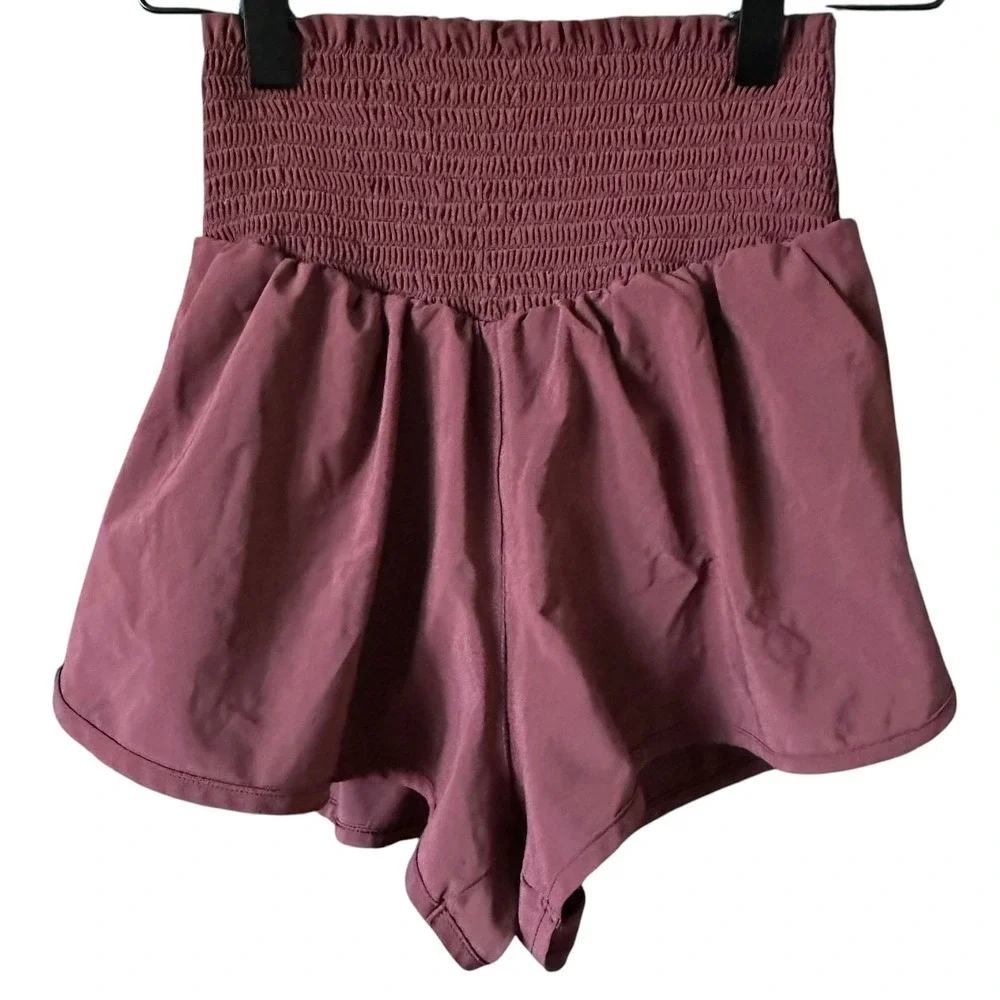 OFFLINE by Aerie Real Me Smocked High Waisted Flowy Shorts Maroon XS